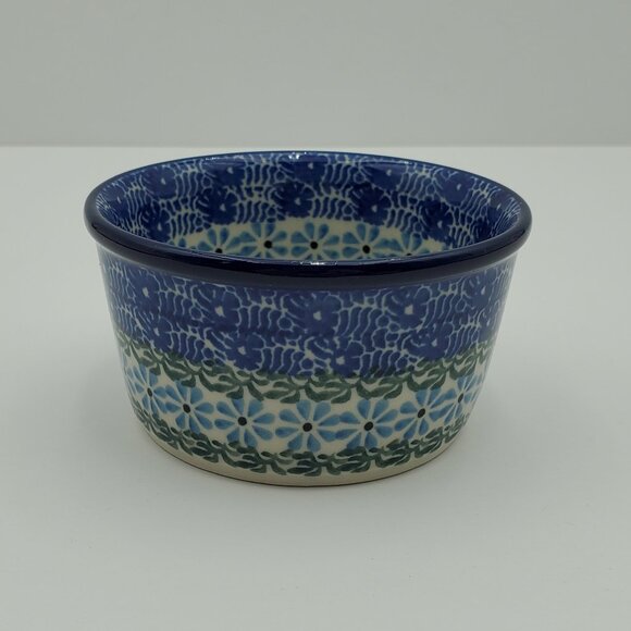 Polish Pottery Small Blue Butterfly Bowl Blue Flowers Ramekin Trinket Dish - Picture 2 of 6